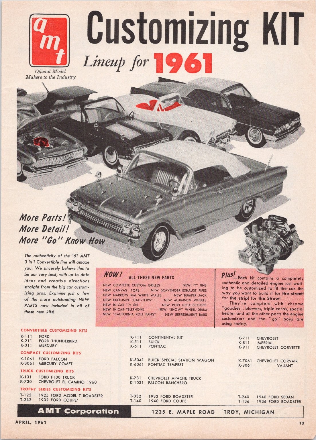 AMT Customizing Kit 1961 Lineup Vintage Magazine Ad Model Car Parts April 1961 AMT Customizing Kit 1961 Lineup Vintage Magazine Ad Model Car Parts April 1961