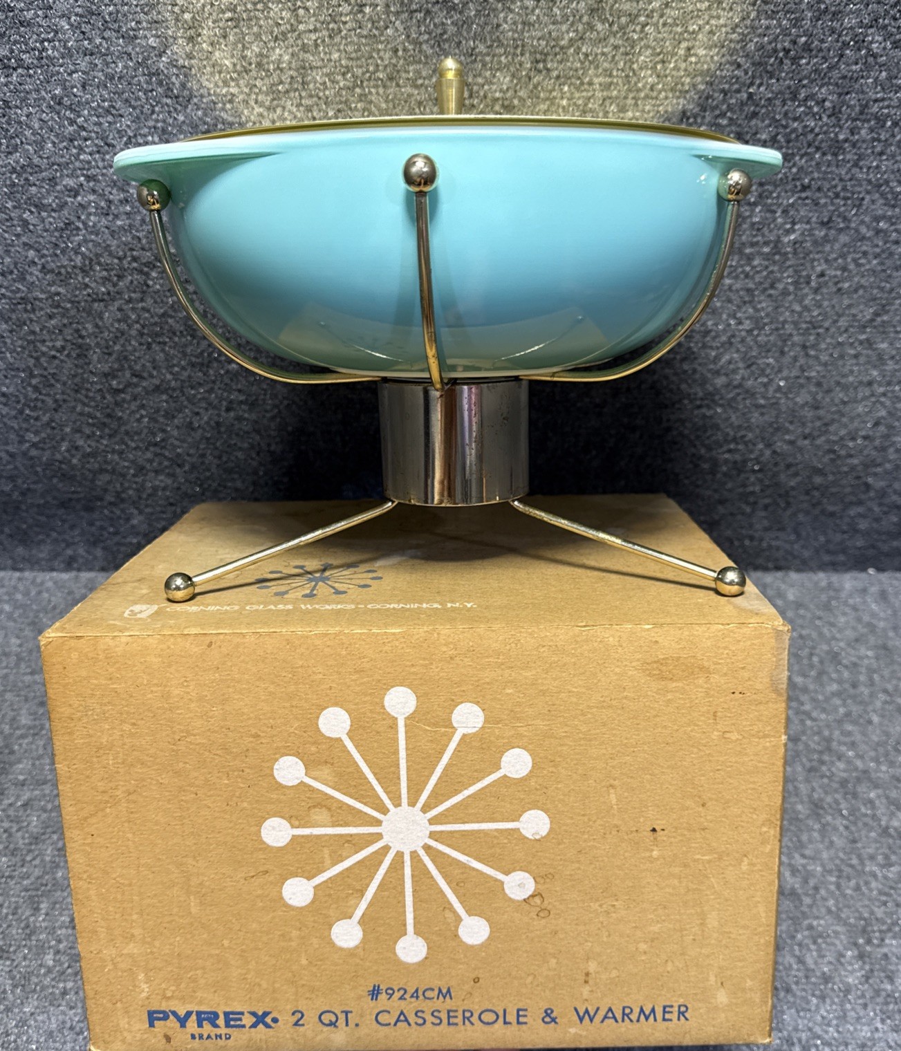 Pyrex Turquoise UFO Atomic Sputnik 2Qt Casserole Warmer Base, Candle & Lid w/Box