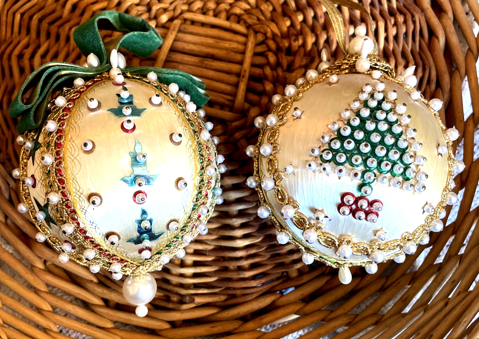 Lot of Vintage Handcrafted Hand Made Push Pin Beaded Silk Christmas Ornaments