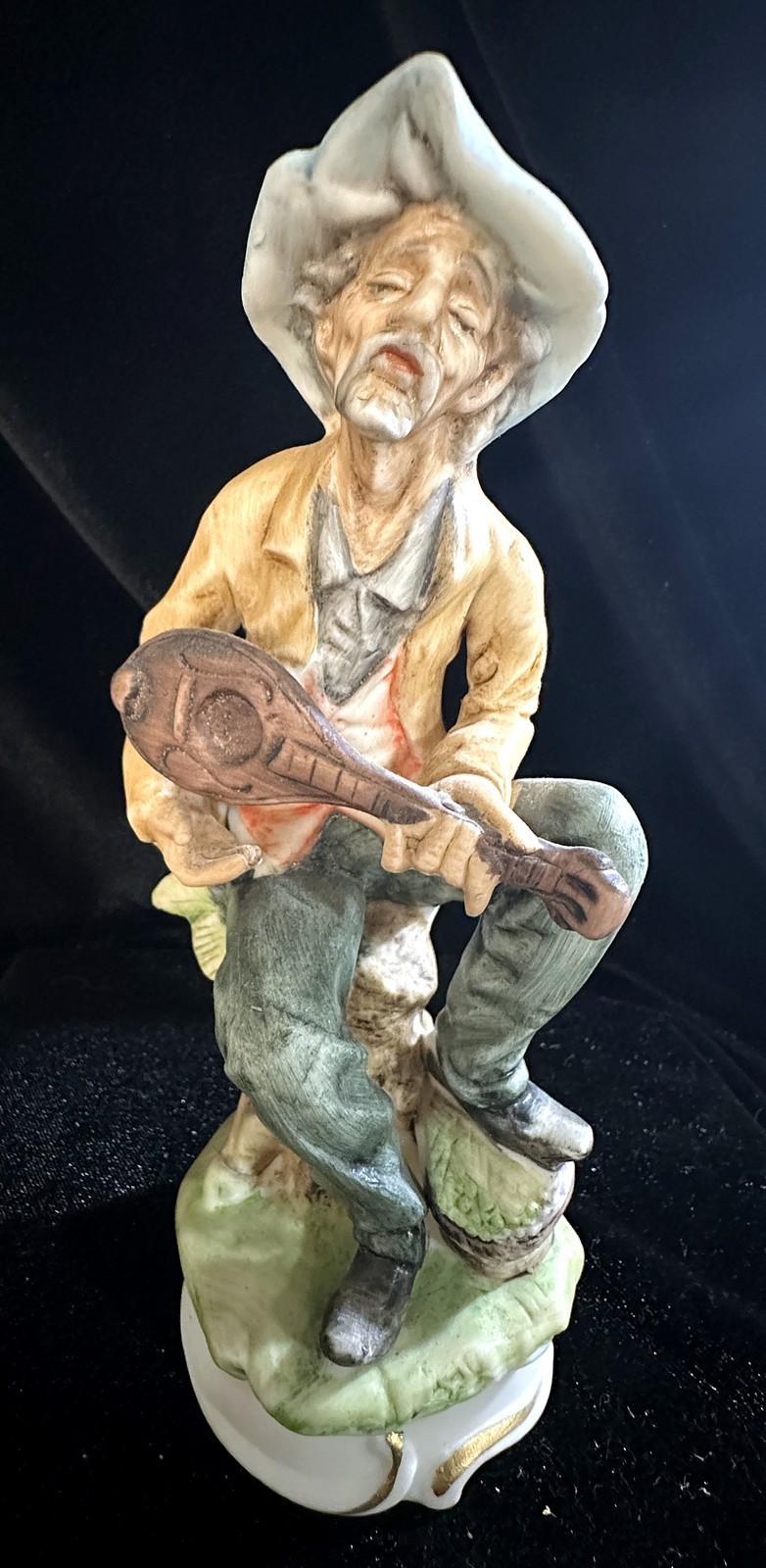Vintage Bisque Porcelain Old Man Playing Mandolin Stump Figurine 7.5\ Vintage Bisque Porcelain Old Man Playing Mandolin Stump Figurine 7.5\