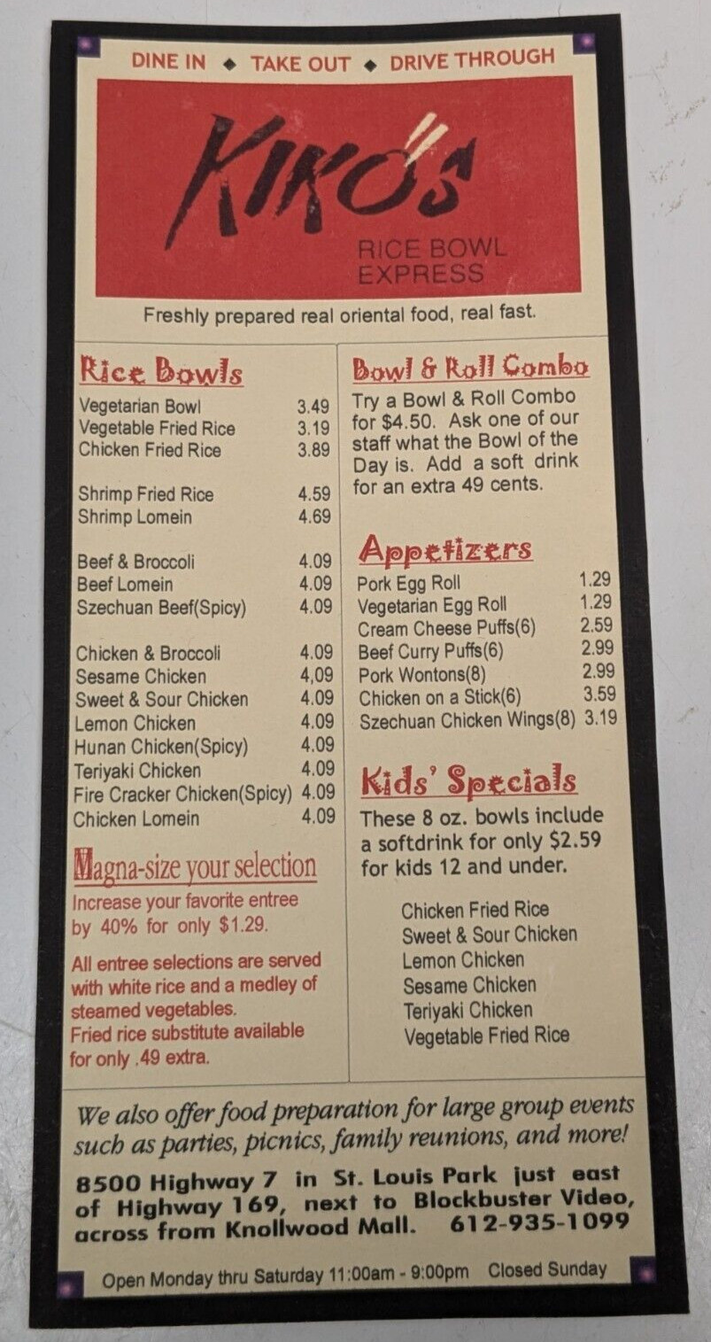 Vintage Kiko\'s Rice Bowl Express St. Louis Park MN \'99-\'00 Take-Out Paper Menu Vintage Kiko\'s Rice Bowl Express St. Louis Park MN \'99-\'00 Take-Out Paper Menu