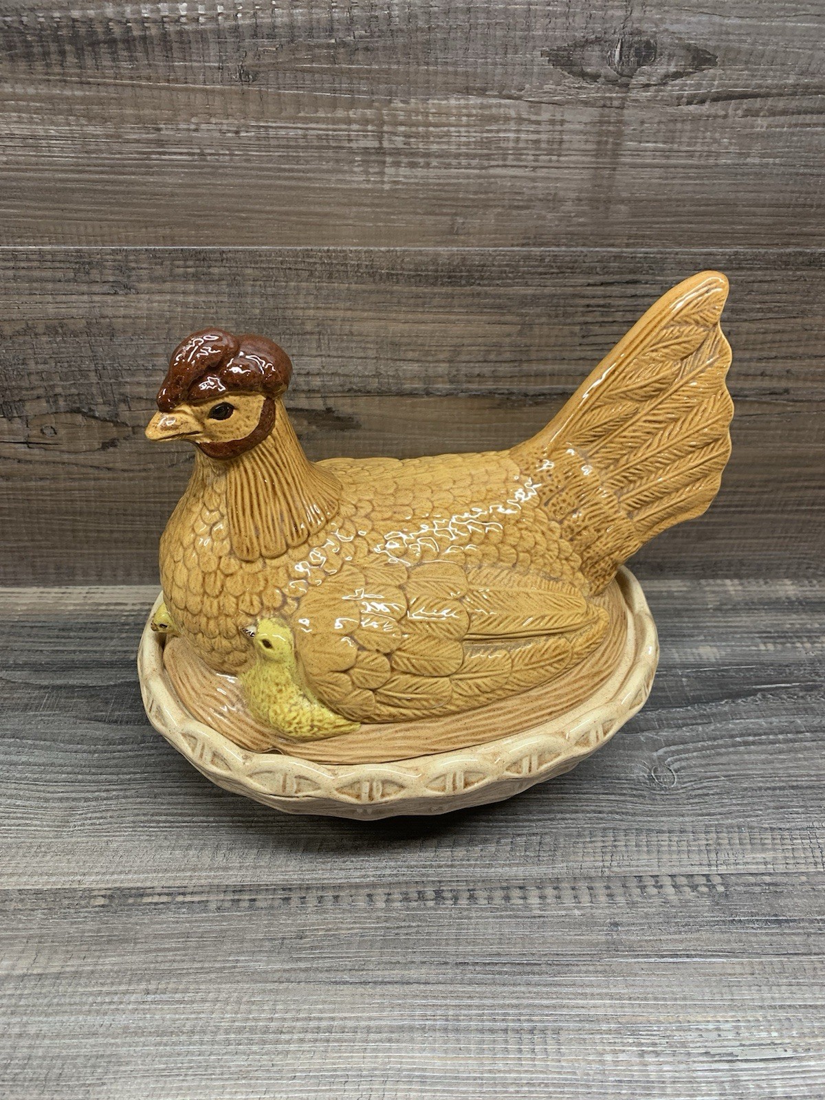 Vintage 70s 80s Hen on Nest Egg Storage Bowl Ceramic Chicken w/ Baby Chicks 9”