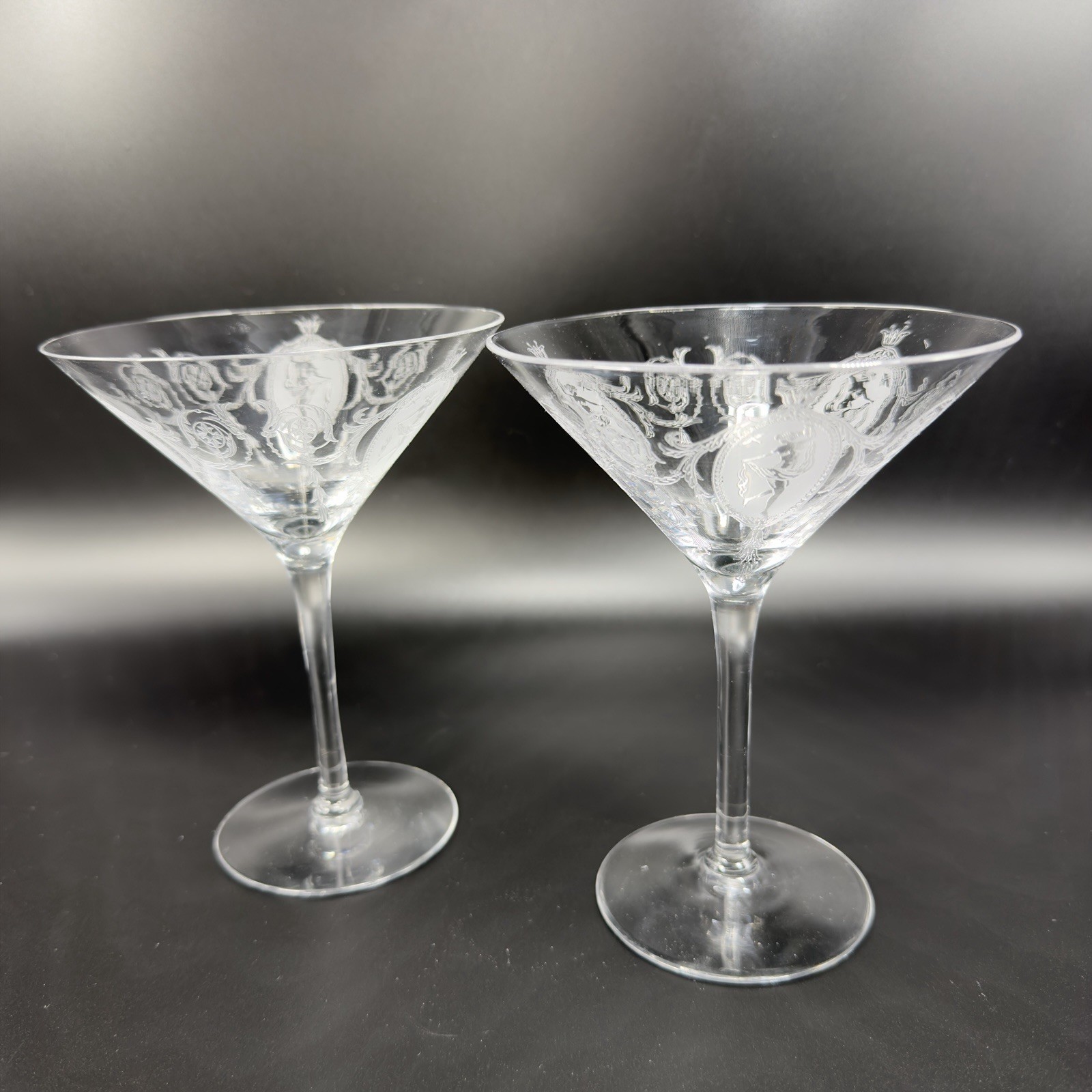 Tiffin Franciscan Classic Shawl Dancer Cameo Etched Nude Dancer Martini Glasses Tiffin Franciscan Classic Shawl Dancer Cameo Etched Nude Dancer Martini Glasses