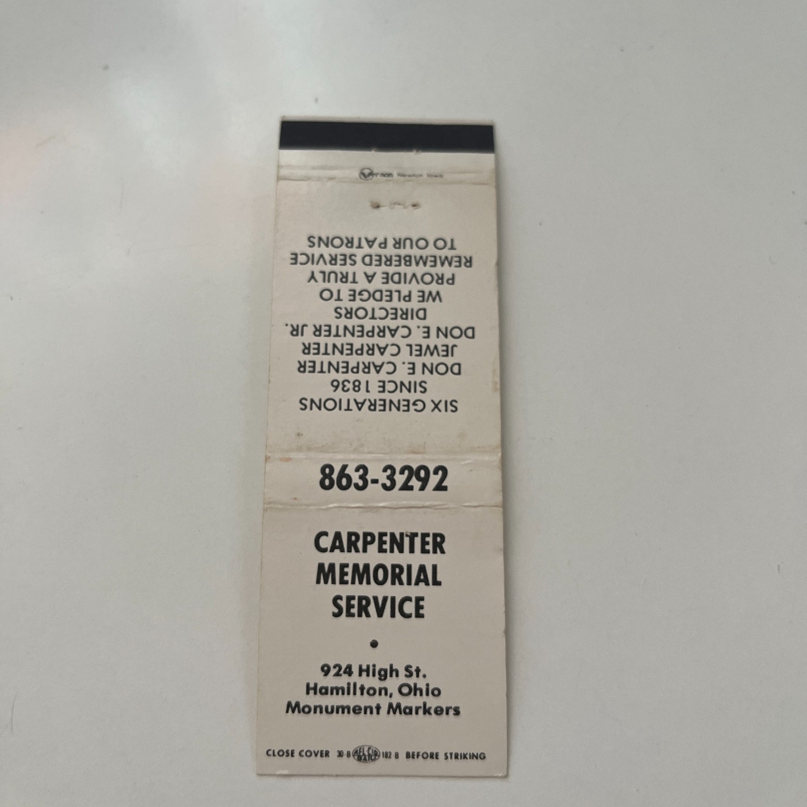 Carpenter Memorial Service Hamilton OH Vintage Matchbook Cover TMB49-5 Carpenter Memorial Service Hamilton OH Vintage Matchbook Cover TMB49-5