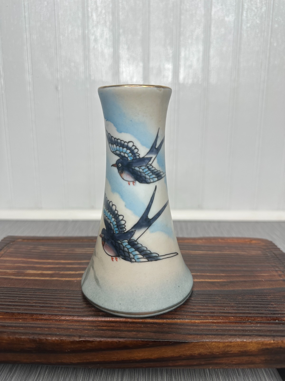 Vintage Ceramic Hat Pin Holder Swallow Bird Blue Sky Gold Trim Unmarked Rare Vintage Ceramic Hat Pin Holder Swallow Bird Blue Sky Gold Trim Unmarked Rare