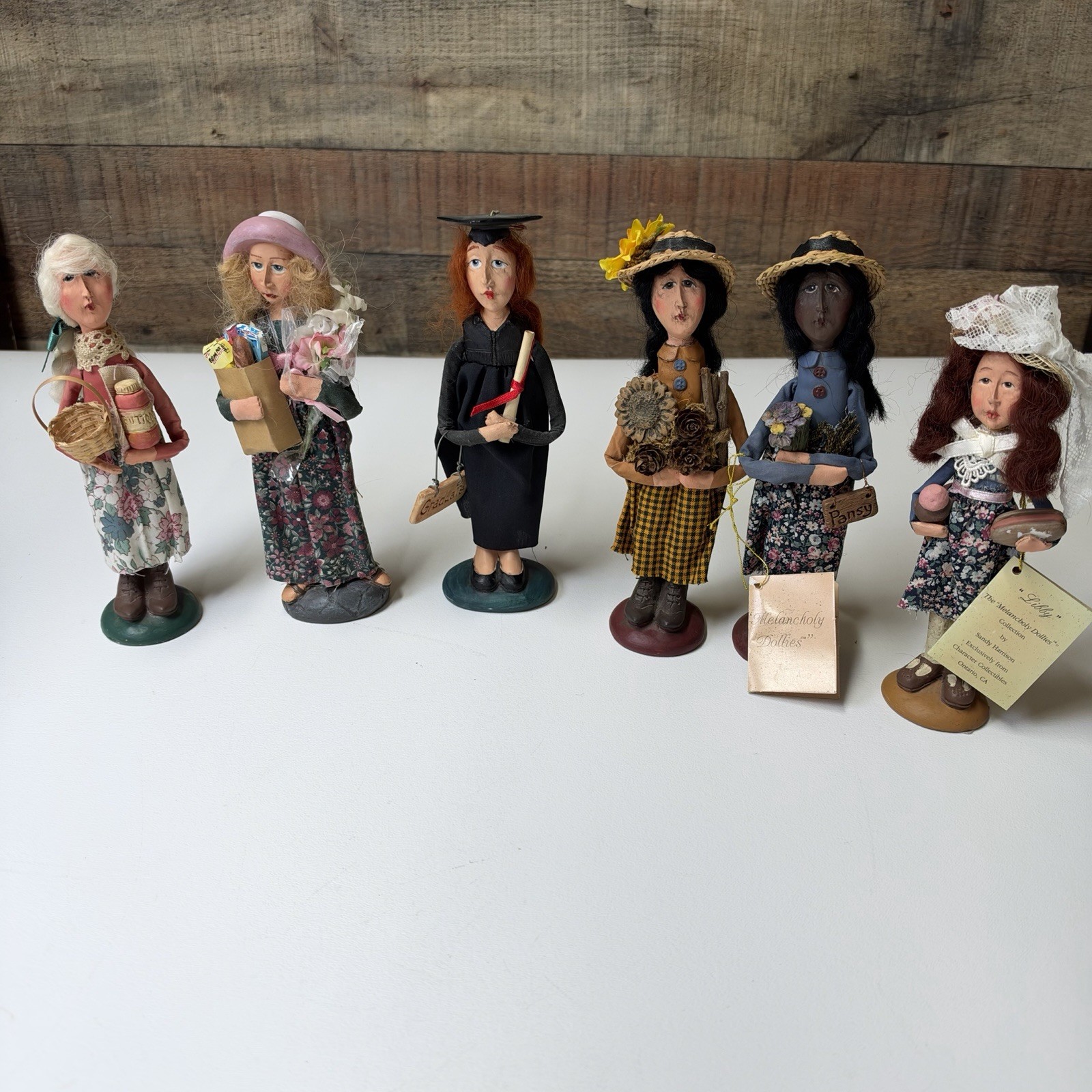 Lot of 6 Vintage Melancholy Dollies Sandy Harrison Collectibles Folk Art Lot of 6 Vintage Melancholy Dollies Sandy Harrison Collectibles Folk Art