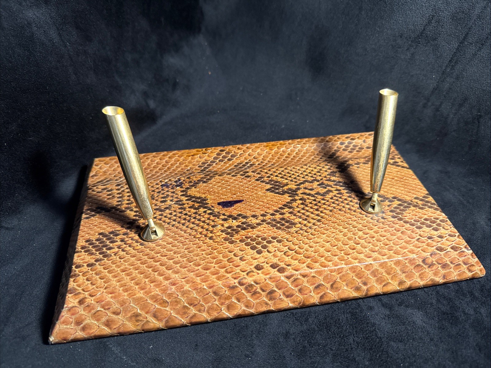 VINTAGE Genuine Snakeskin Ink Fountain Desktop Double Pen Holder MCM