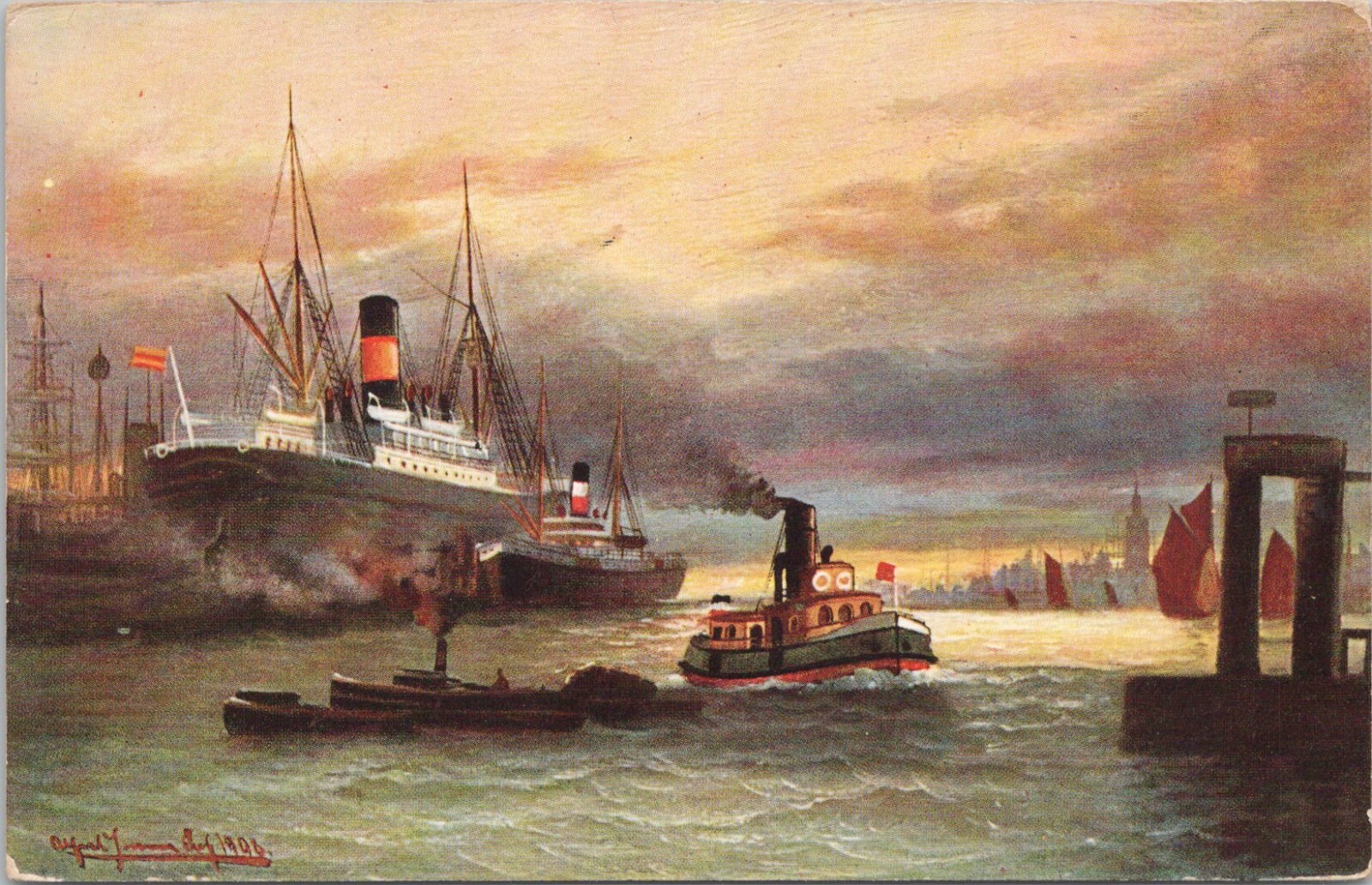 LITHO Steamship at Shoreline City Europe 1906 Great American Novelty Art Series LITHO Steamship at Shoreline City Europe 1906 Great American Novelty Art Series