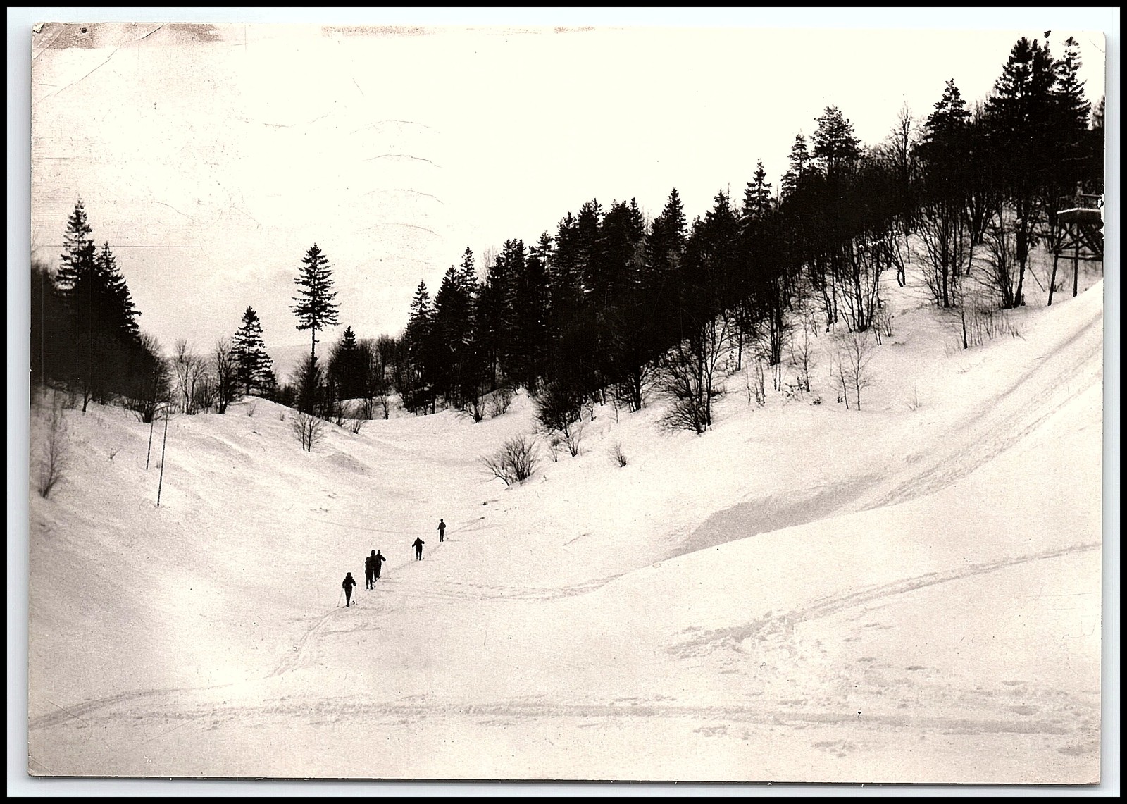 1970 Poland Gołdap Mountain Winter Snow Forest Scene People B&W Photo K493