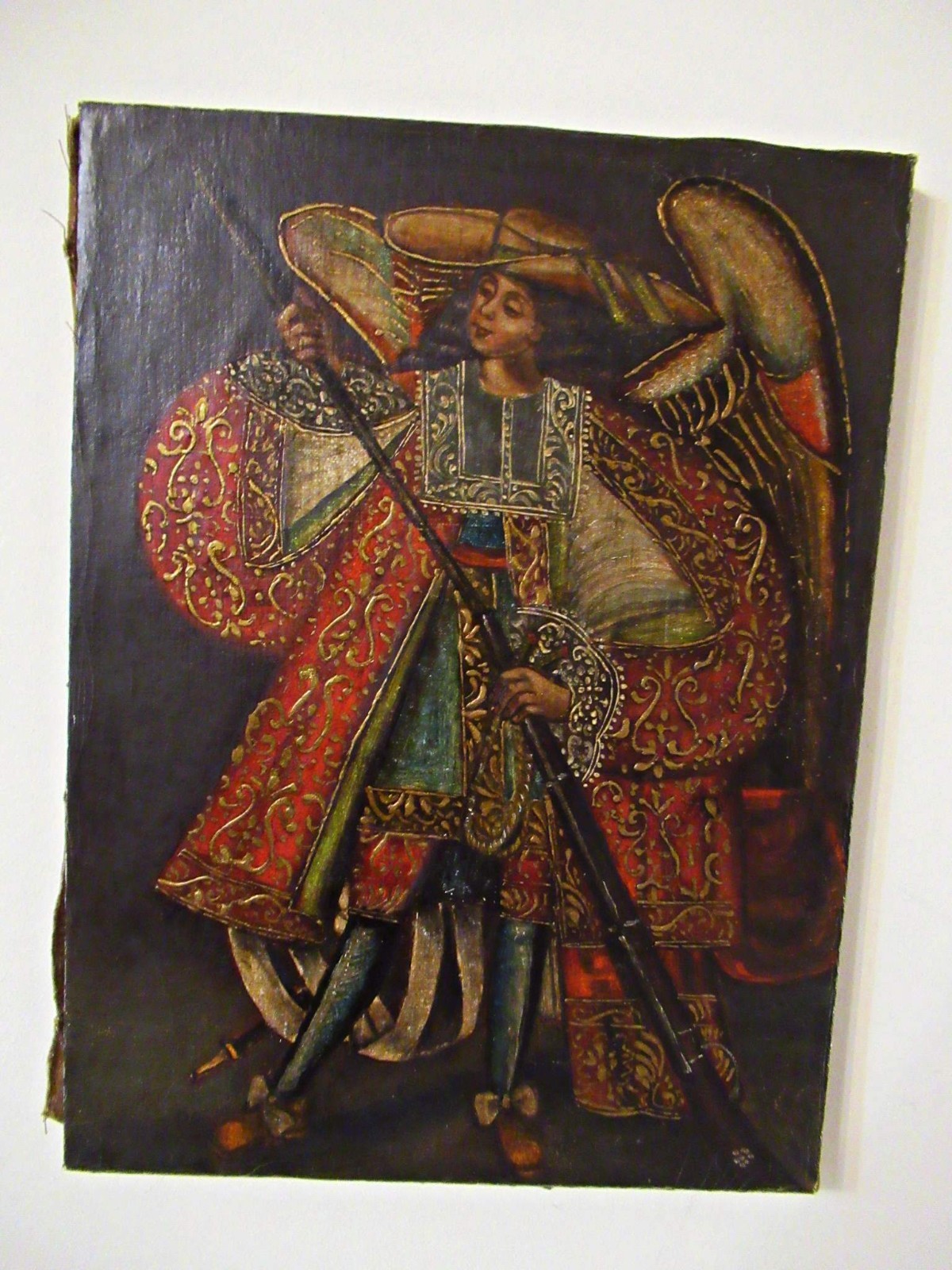 VTG CUZCO PERU RELIGIOUS OIL on CANVAS PAINTING ANGEL ARCABUCERO 15.5