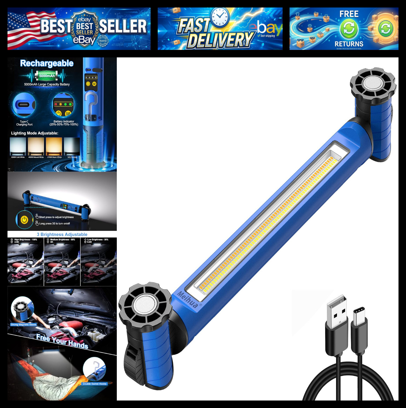 Work Light for Mechanic, 3000LM Bright LED Work Lights, 5000mAh Rechargeable Und