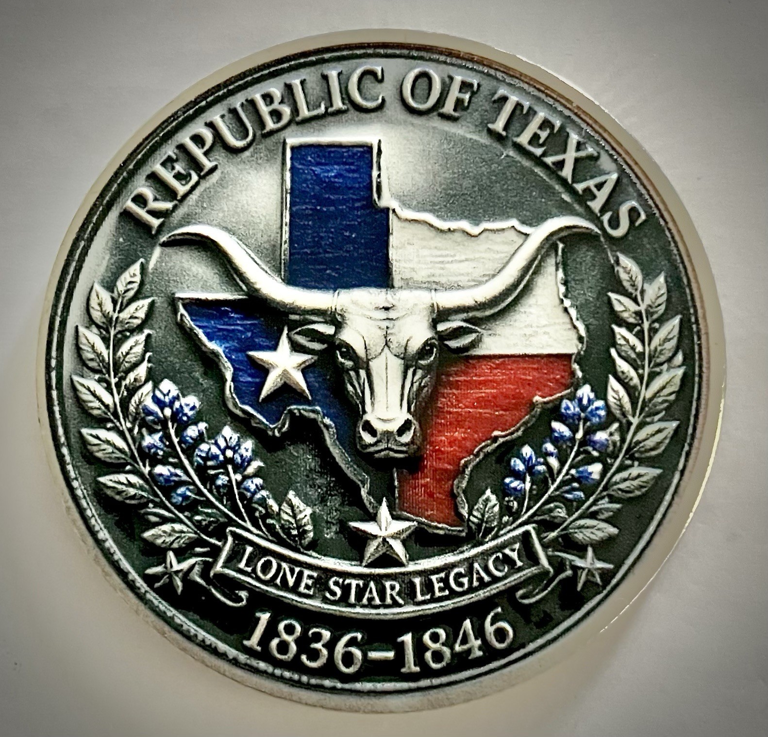 Republic Of Texas Challenge Coin-3D-Glossy-Longhorn-Lone Star-Texas Flag