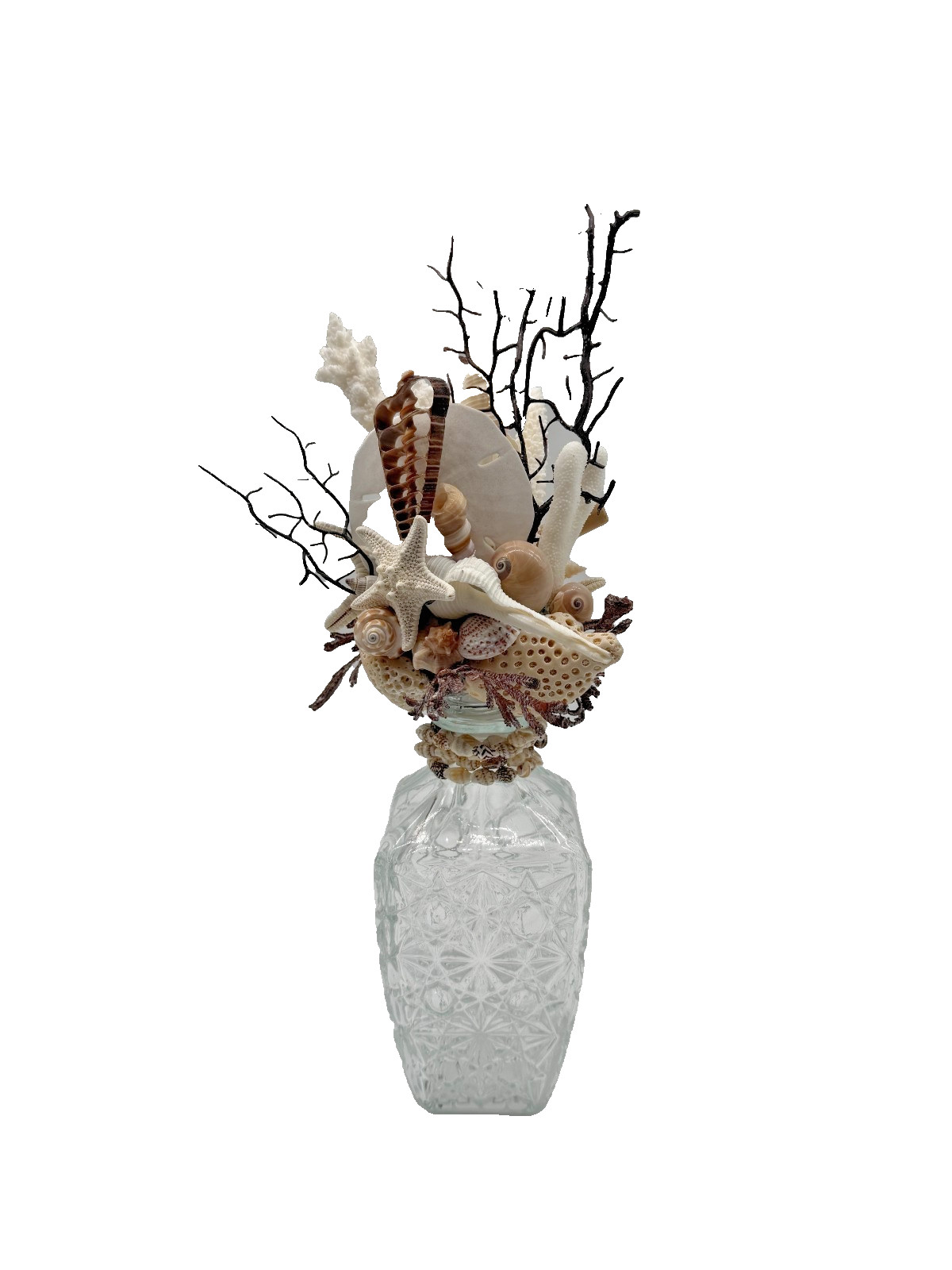 Coastal Shell Sculpture Art Bottle Decanter | Beach House Decor  Bar Cart Decor