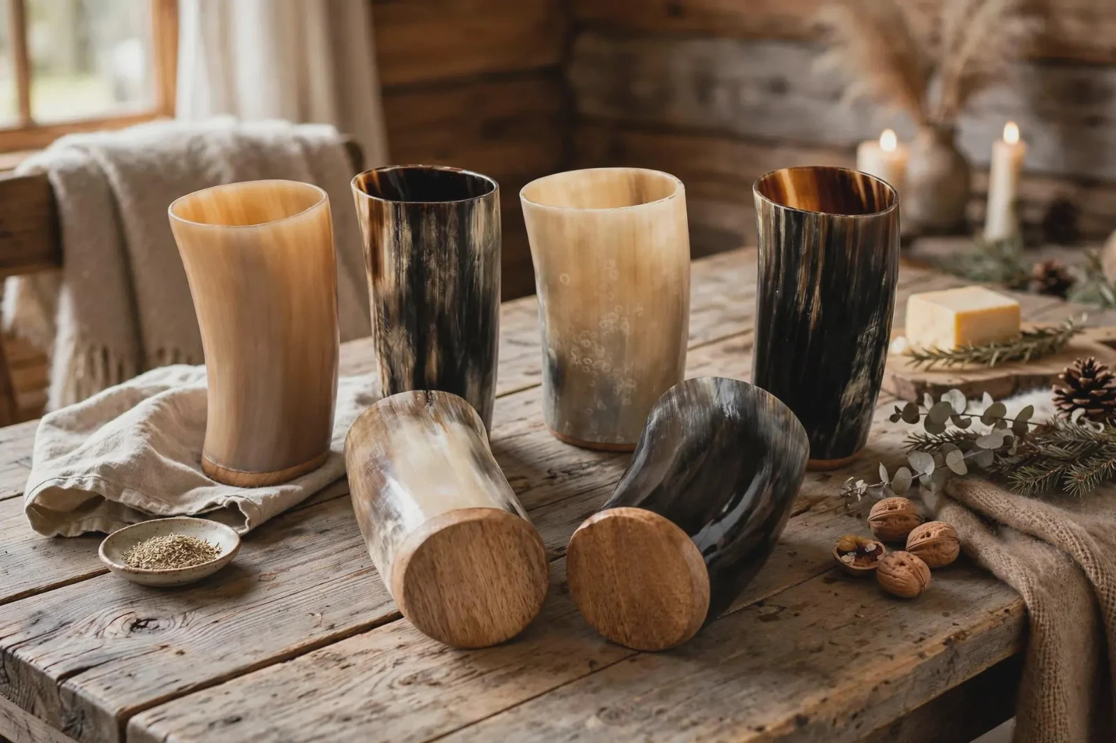 Handcrafted Buffalo Horn Drinking Cup 8 oz Set Viking with Wooden Base Set of 6