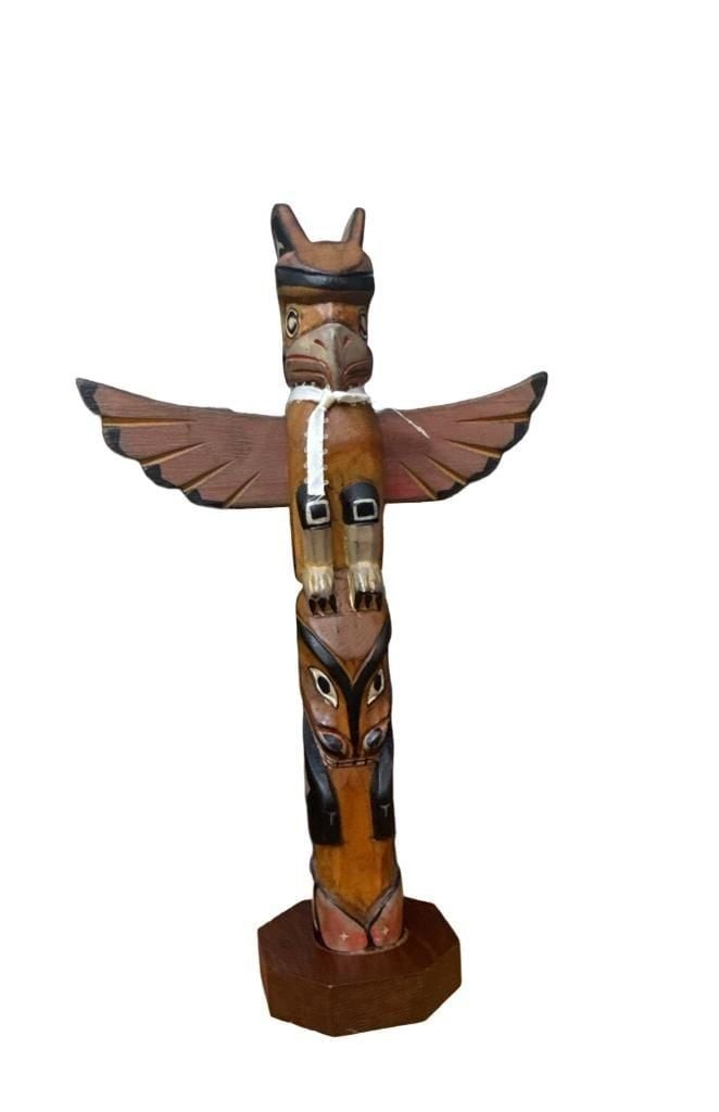Alaskan Black Diamond Hand-Carved Wooden Totem Pole