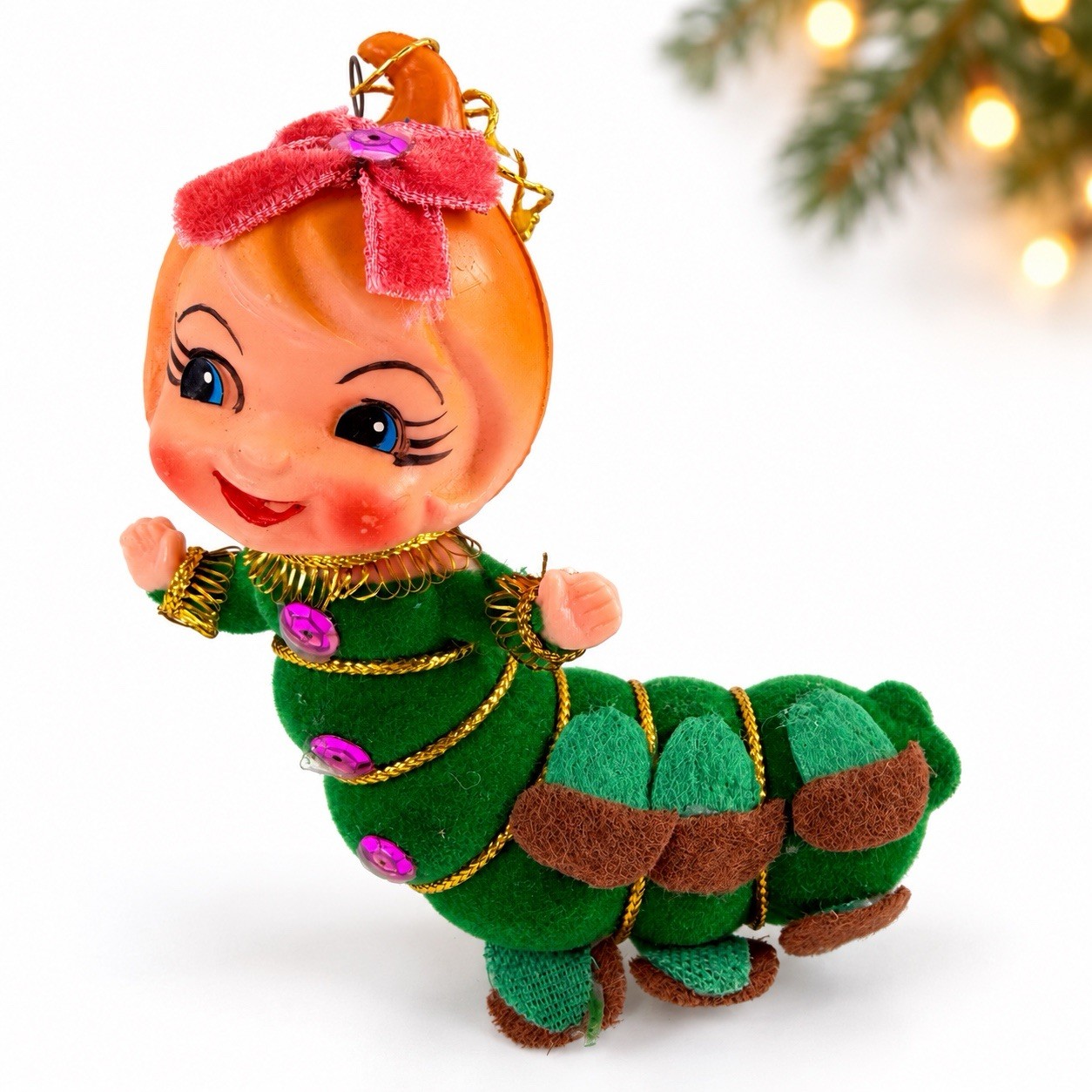 Vintage 1960s Green Flocked Anthropomorphic Pixie Caterpillar Christmas Ornament