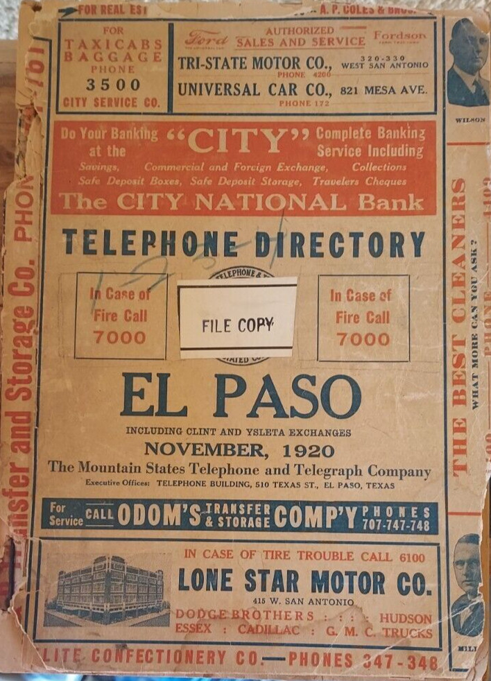 RARE - EL PASO TEXAS Telephone Directory/Phone 1920 PULP PAPER 3-DIGIT ERA RARE - EL PASO TEXAS Telephone Directory/Phone 1920 PULP PAPER 3-DIGIT ERA