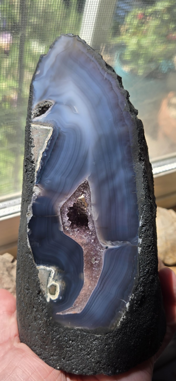 cut Polished Blue Banded Agate Geode w/ Druzy amethyst Crystal Pocket cut Polished Blue Banded Agate Geode w/ Druzy amethyst Crystal Pocket
