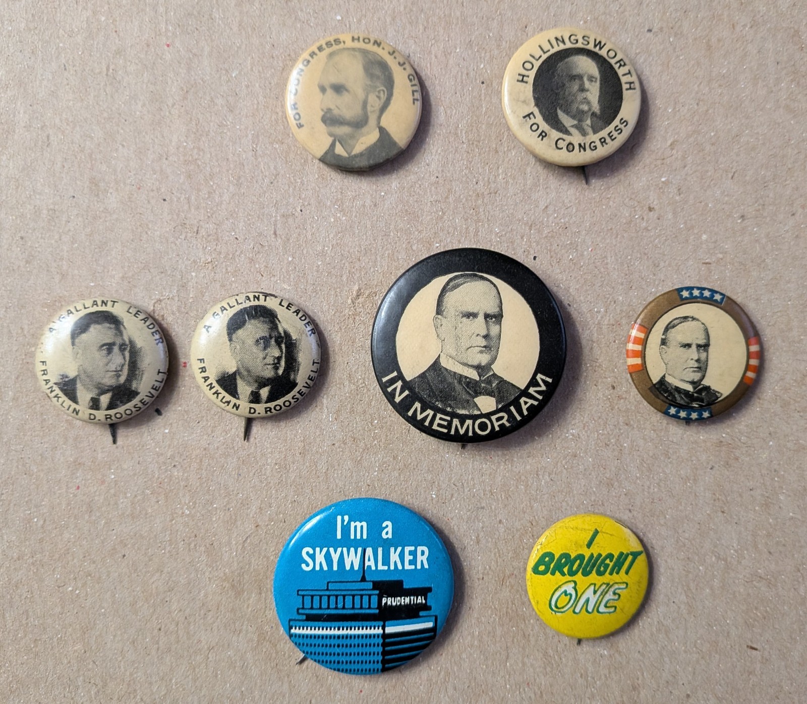 8 Vintage Pinback Buttons Roosevelt McKinley Ohio Congress and Advertising GC