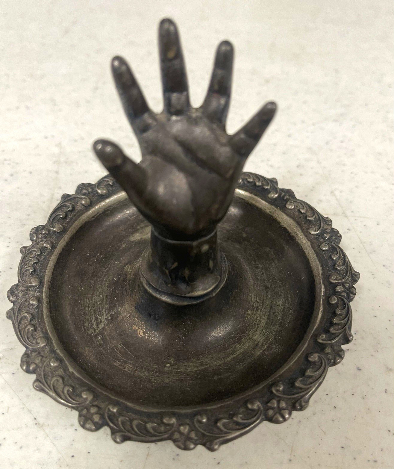 Vintage Hand Desk Ring Holder with Ornate Tray Base Ring Dish Vintage Hand Desk Ring Holder with Ornate Tray Base Ring Dish