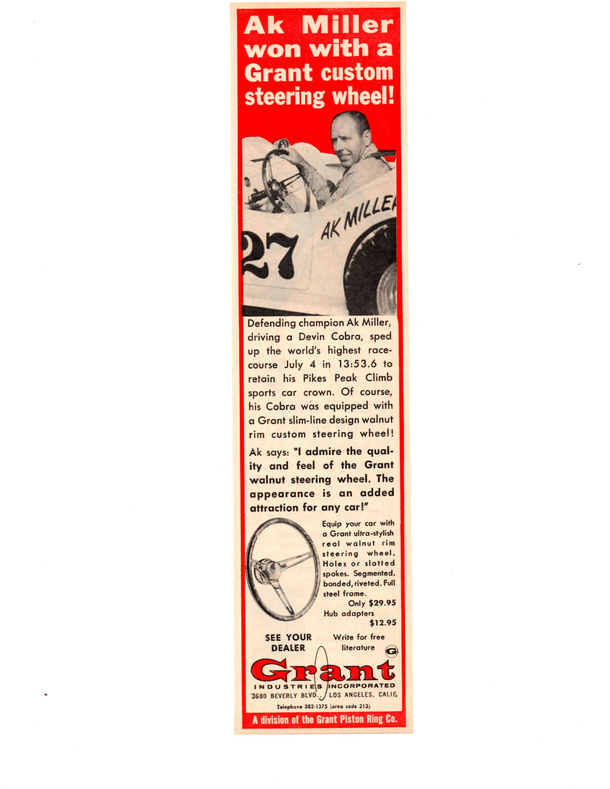 1966 AK MILLER / DEVIN COBRA ~ ORIGINAL SMALLER GRANT PISTON RING AD 1966 AK MILLER / DEVIN COBRA ~ ORIGINAL SMALLER GRANT PISTON RING AD
