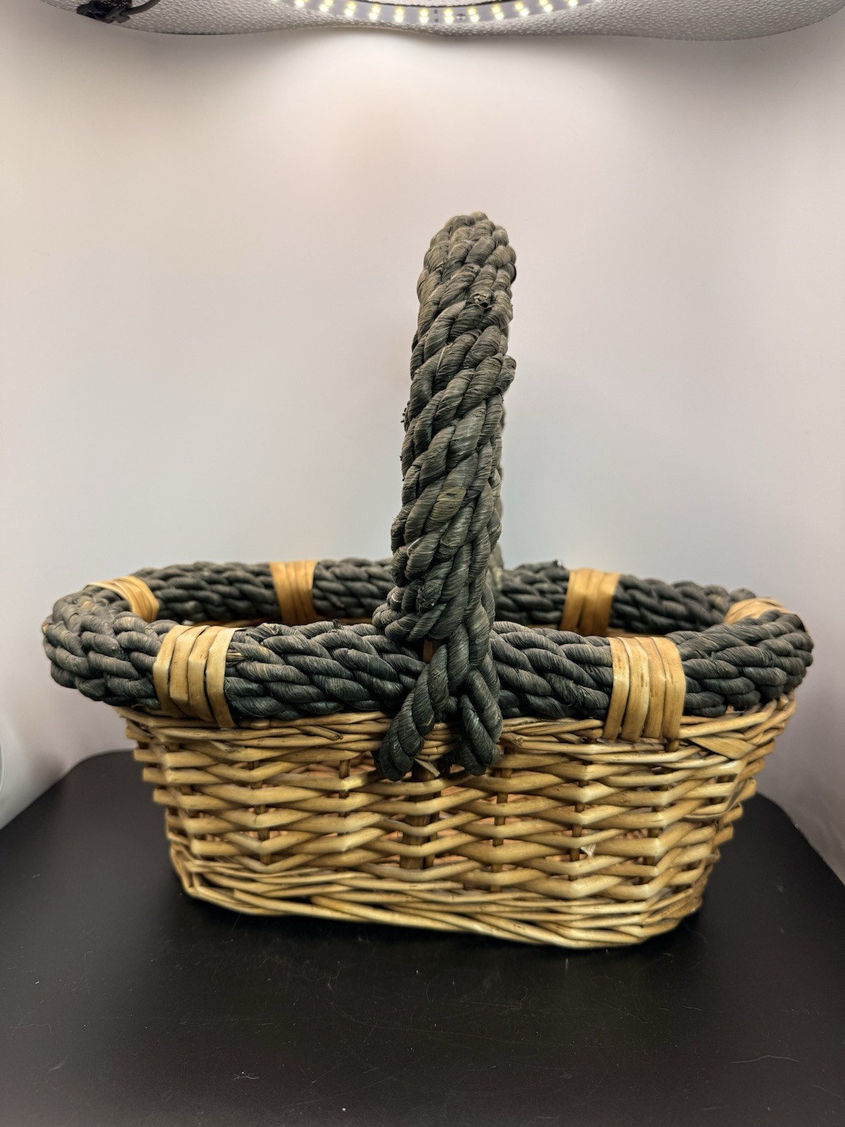 Vintage Woven Gathering Basket with Braided Green Rope Handle