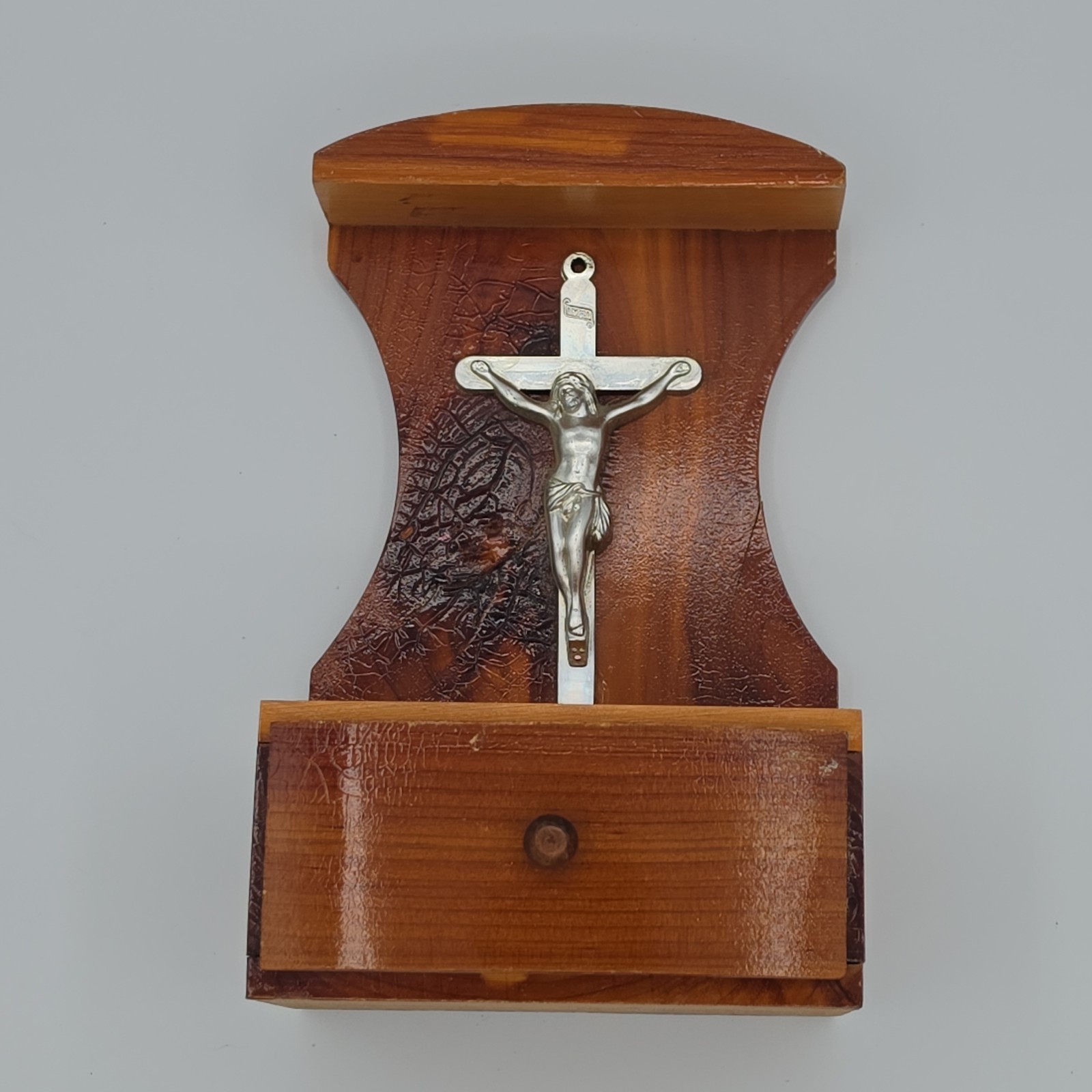 Vintage Handmade Wooden Christian Jesus Crucifix Rosary Storage Trinket Plaque