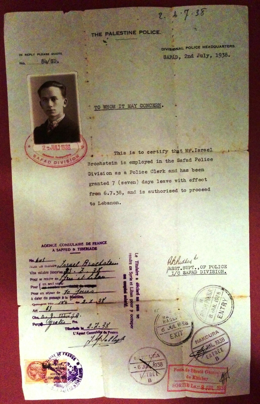 JUDAICA 1938 GB PALESTINE POLICE VISA PASSPORT LEBANON FRANCE CONSULAR TSFAT RRR