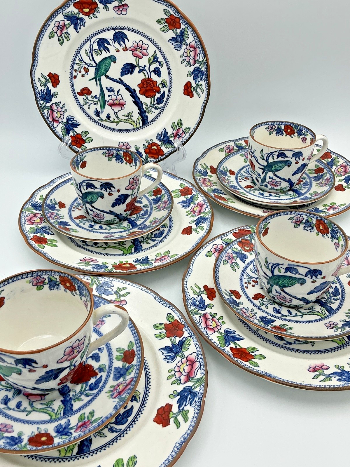BOOTHS ENGLAND Parrot & Tree c1915 RARE Silicon China 4 Place Settings 