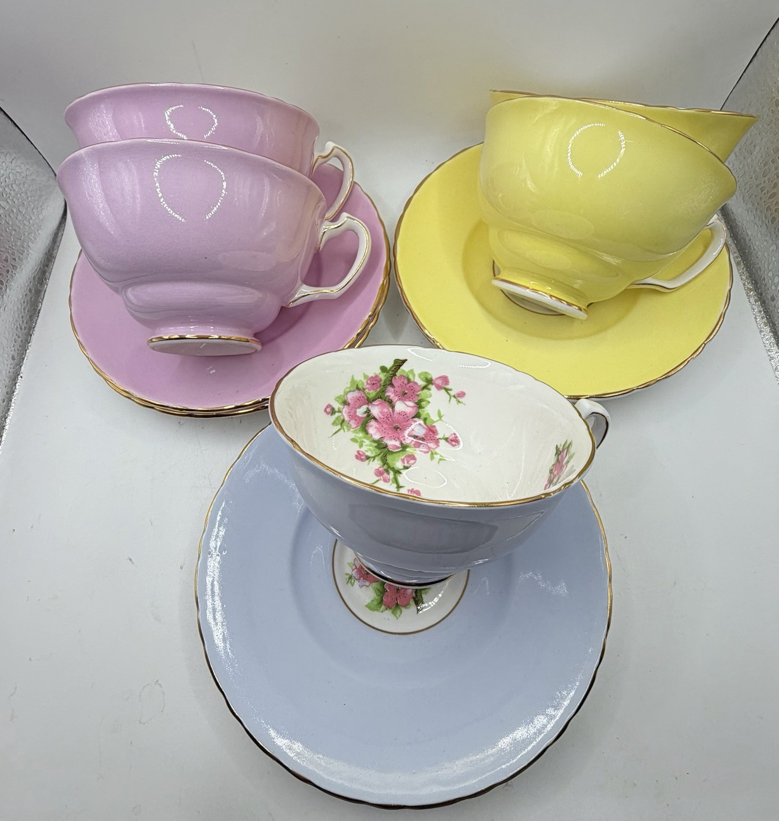 Vintage Adderley Floral Bone China Teacup & Saucer Lot 5 Pastel Harlequin 5 sets Vintage Adderley Floral Bone China Teacup & Saucer Lot 5 Pastel Harlequin 5 sets
