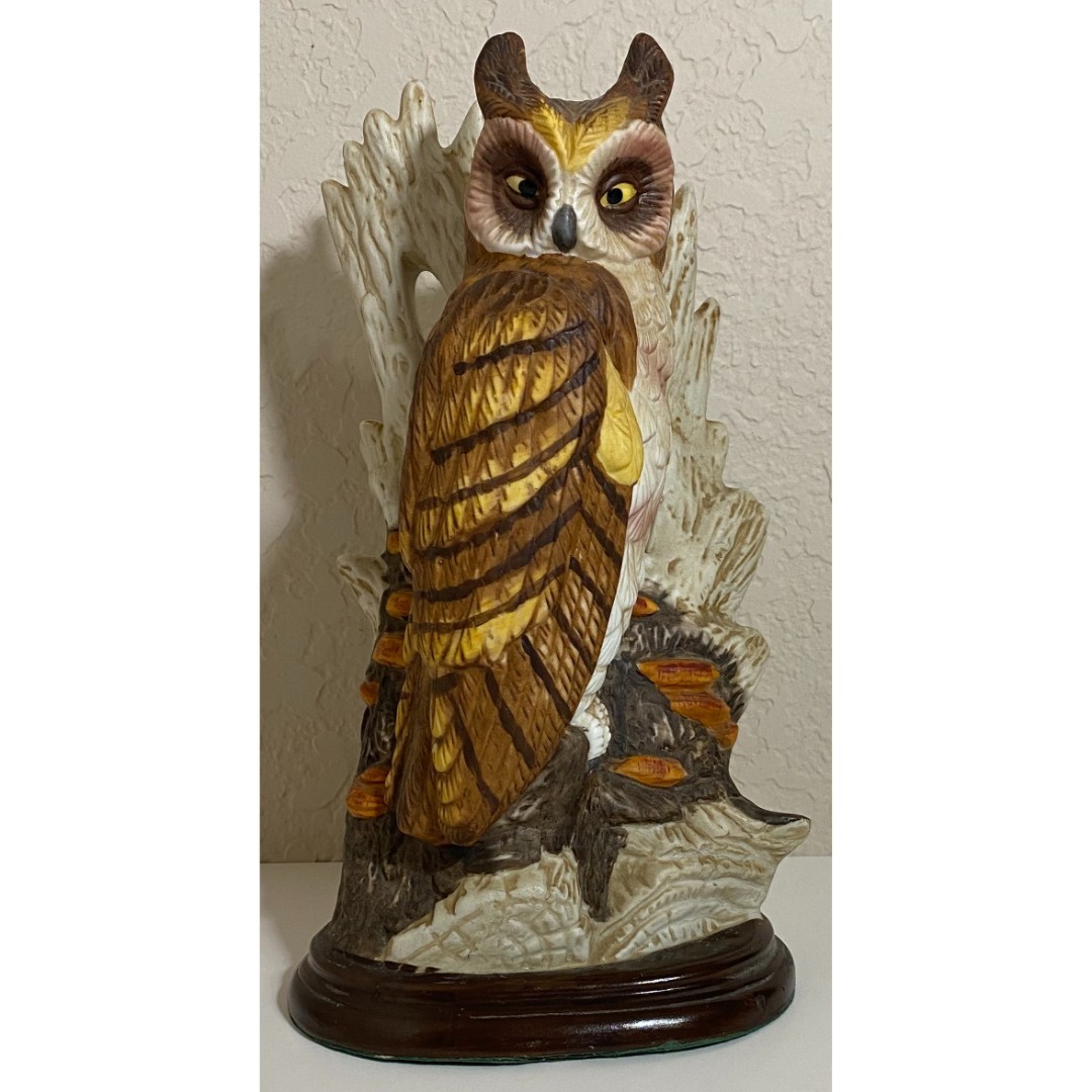 Vintage 1970s Ceramic Owl Figurine with Wood Base | Rustic Shabby Chic Decor