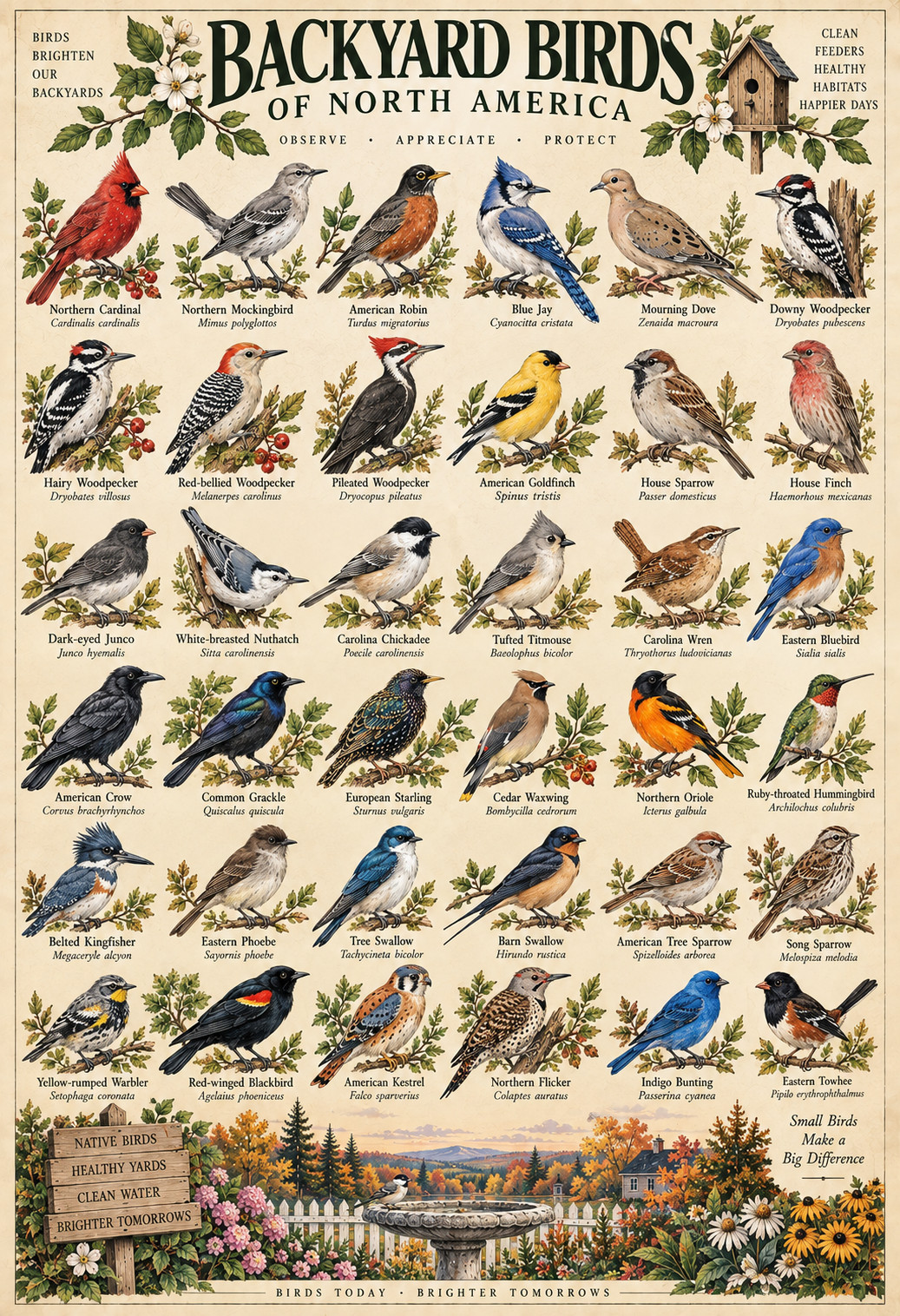 Backyard Birds of North America Vintage Bird Identification Chart Poster 13x19 Backyard Birds of North America Vintage Bird Identification Chart Poster 13x19