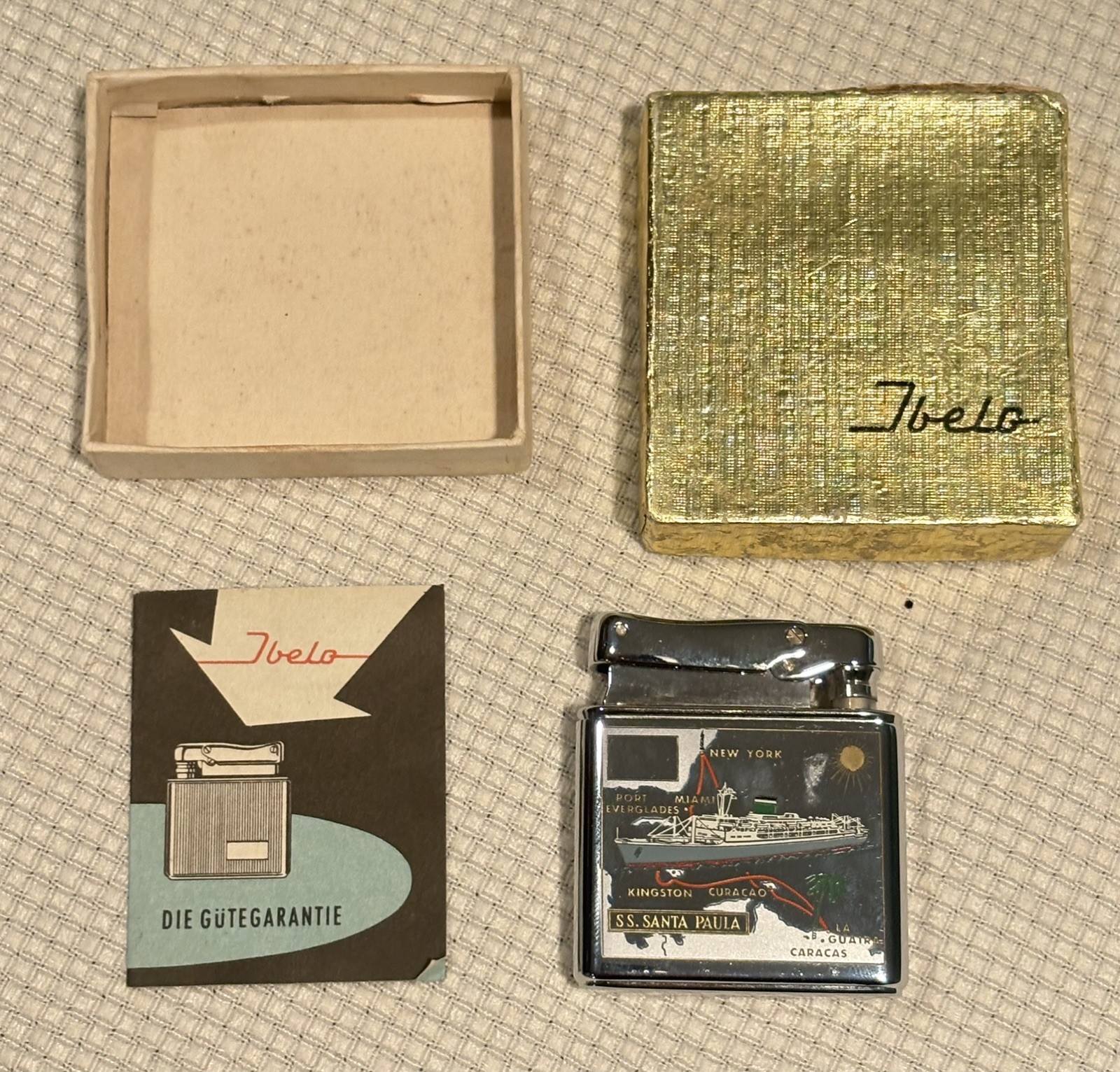 VTG Ibelo Pocket Lighter SS. Santa Paula rte Map made in West Germany never used VTG Ibelo Pocket Lighter SS. Santa Paula rte Map made in West Germany never used