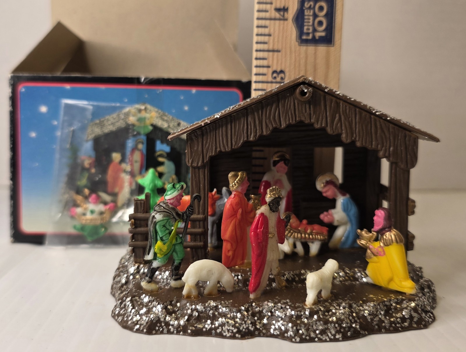 NEW Vintage Mini Plastic Nativity Scene Feather Tree glitter In Orig Box 4×3×3 NEW Vintage Mini Plastic Nativity Scene Feather Tree glitter In Orig Box 4×3×3