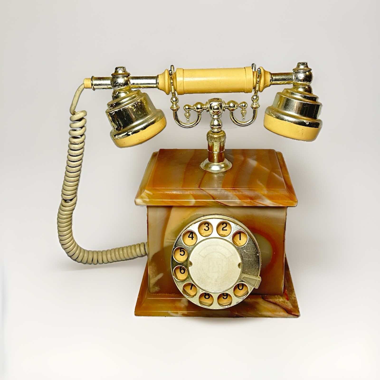 Vintage Onyx Marble Rotary Dial Telephone Gold Tone Cream Handset Untested AS IS