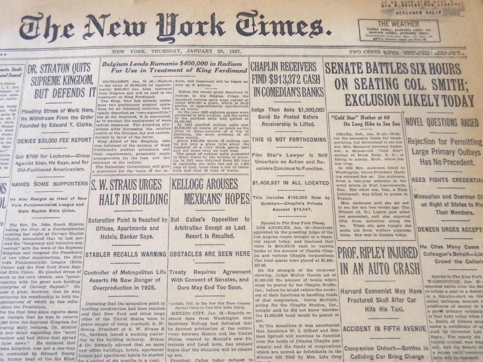 1927 JAN 20 NEW YORK TIMES - CHAPLIN RECEIVERS FIND $913,372 IN BANKS - NT 6369