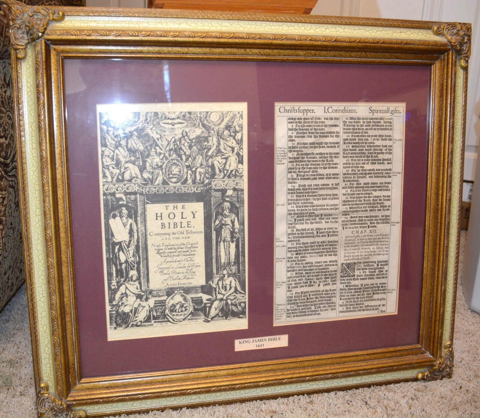 1611 Beautifully Framed First Edition King James Page,1st Corinthians Rare Find