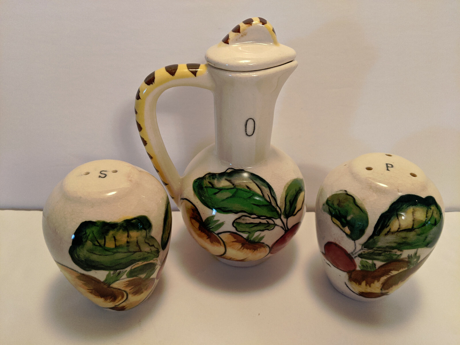 VTG Made in Japan Vegetables Salt & Pepper Shakers + Matching Oil Bottle