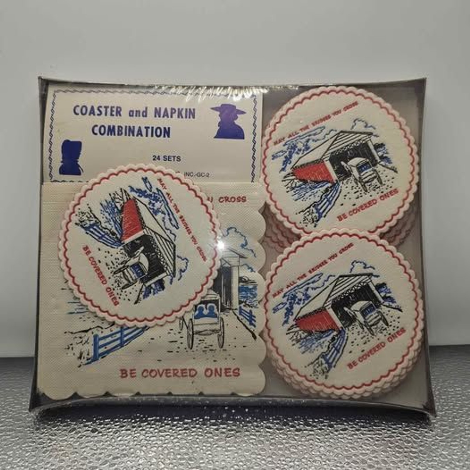 Vintage Covered Bridge Coaster and Napkin Combination Set