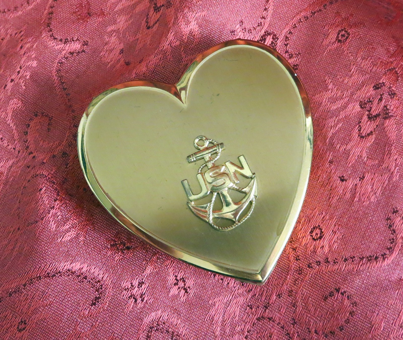 Vintage 1940s Brass Heart Shaped Powder Compact with Puff - US Navy - Superb USA