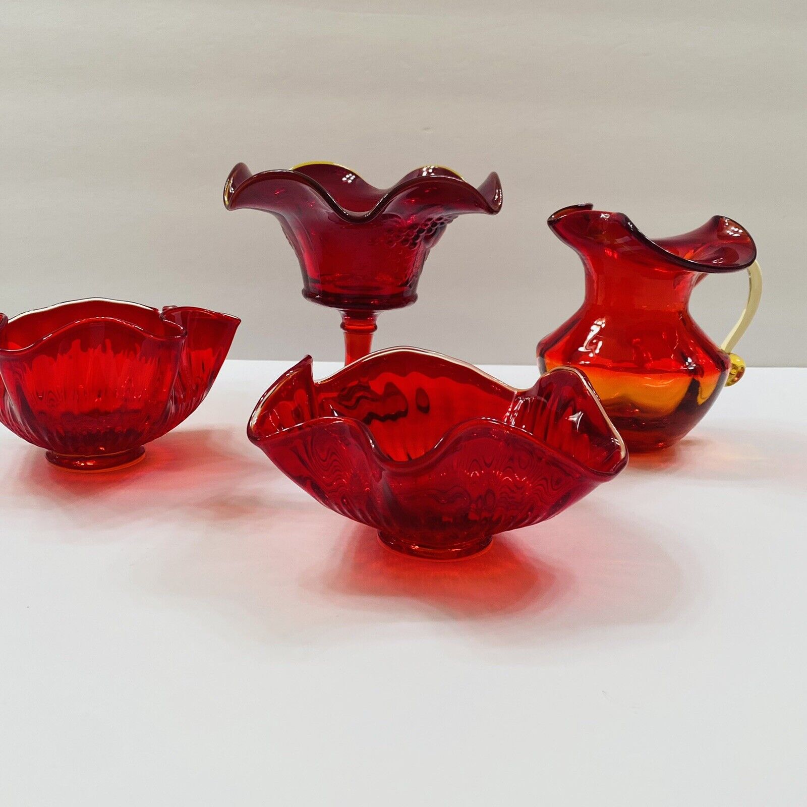 4 pcs lot Vintage Red Glass Fluted Art Candy Dish, 2 candy bowls, pitcher