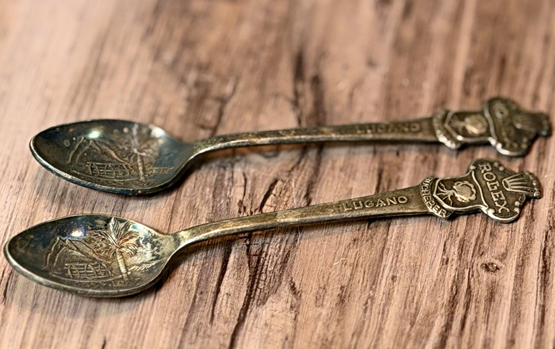 Vintage ROLEX Bucherer Lugano Switzerland Spoon Set of 2 Souvenir Collectible