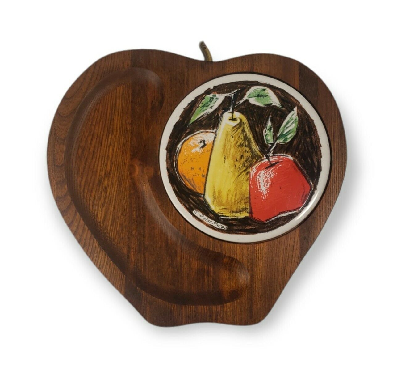 Vintage 1960s FRED PRESS Sere Wood Ceramic FRUIT Tile Cheese Tray BARWARE Apples