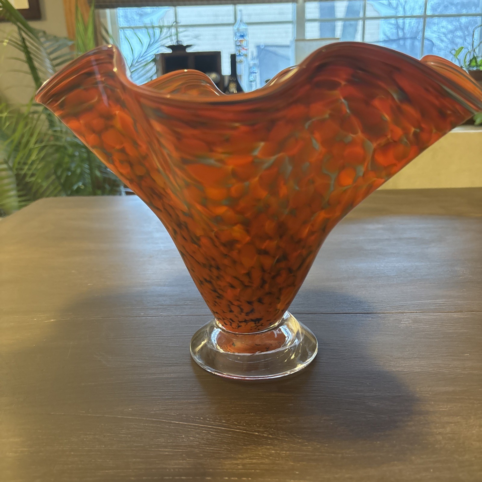 Vtg Signed Jeff 2006 Orange Spotted Studio Art Glass Footed Ruffled Vase 8\ Vtg Signed Jeff 2006 Orange Spotted Studio Art Glass Footed Ruffled Vase 8\