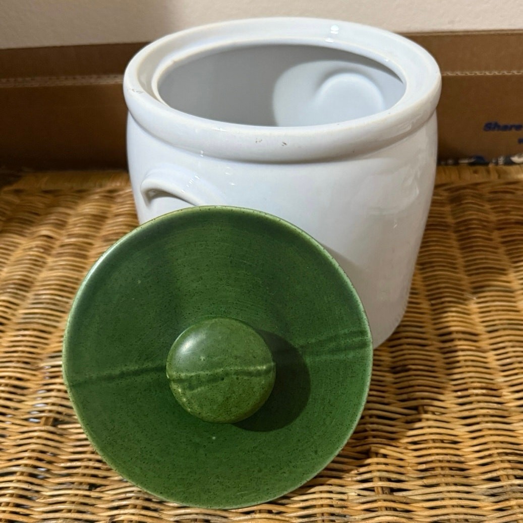 Vintage McCoy Lancaster Colony crock canister cookie jar. 1974-85. White & green Vintage McCoy Lancaster Colony crock canister cookie jar. 1974-85. White & green