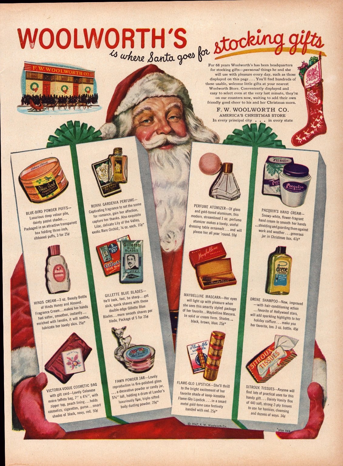 Woolworth's 1947 Magazine Ad Print Christmas Stocking Gifts Santa Woolworth's 1947 Magazine Ad Print Christmas Stocking Gifts Santa