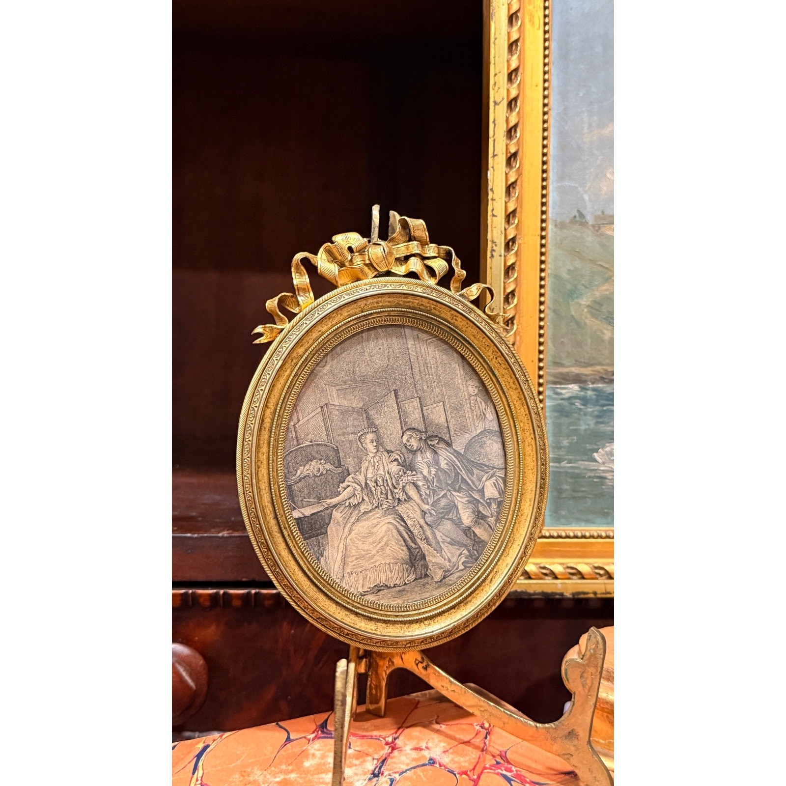 Antique French Bronze Ribbon Bow Picture Frame Oval Gilt Etching Courting Scene Antique French Bronze Ribbon Bow Picture Frame Oval Gilt Etching Courting Scene