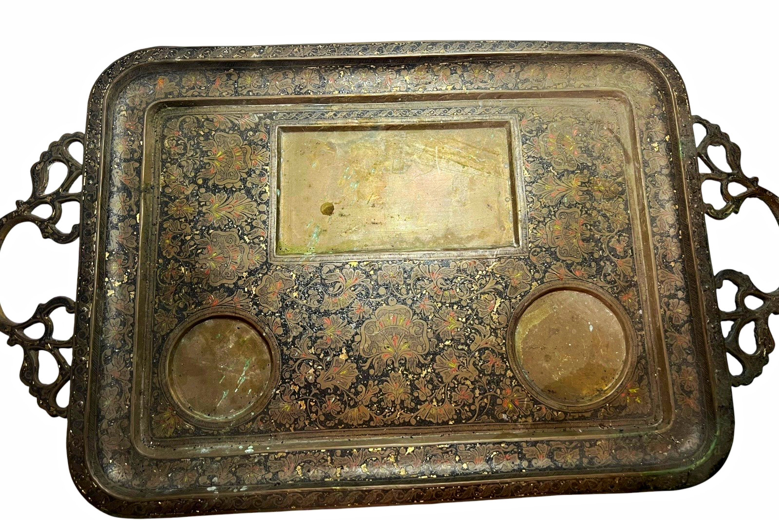Antique Silver Plated Metal Floral Serving Tray w/ Handles, Silver/Black Antique Silver Plated Metal Floral Serving Tray w/ Handles, Silver/Black
