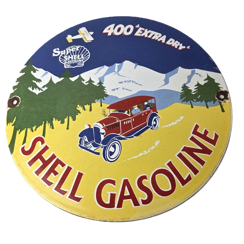 Vintage Super Shell Gasoline Sign - 400 Extra Dry Shell Car Pump Porcelain Sign Vintage Super Shell Gasoline Sign - 400 Extra Dry Shell Car Pump Porcelain Sign