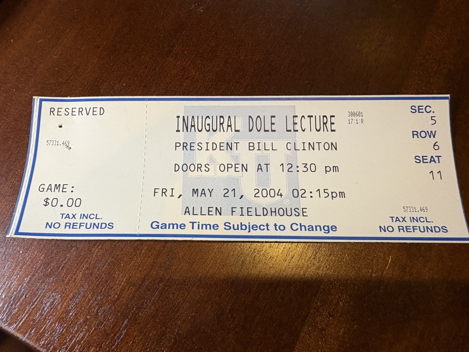 2004 Bill Clinton Bob Dole Lecture FULL TICKET UNUSED Allen Fieldhouse KU NM 2004 Bill Clinton Bob Dole Lecture FULL TICKET UNUSED Allen Fieldhouse KU NM